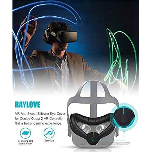 Raylove VR 360-degree 3D Stereo Surround Sound (Custom Length Cable) White Gaming Headset with Oculus Quest 2 Black Classic Leather Moisture-Proof and Sweat-Proof Silicone Protective Mask and Pad