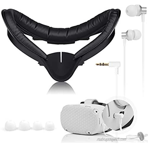 Raylove VR 360-degree 3D Stereo Surround Sound (Custom Length Cable) White Gaming Headset with Oculus Quest 2 Black Classic Leather Moisture-Proof and Sweat-Proof Silicone Protective Mask and Pad