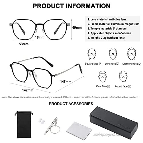 Blue Light Blocking Eyeglasses Men Women│Computer Game Glasses Non Prescription Anti Eye Eyestrain Aluminum Magnesium Frame│CEE CLER(011)
