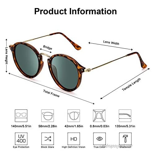 ELIVWR Round Retro Polarized Sunglasses for Men and Women Vintage Classic Eyewear Style Frame for Driving/Travel/Sport