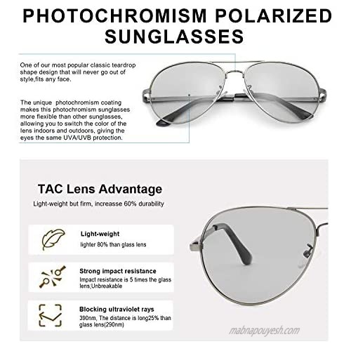 SODQW Mens Polarized Photochromatic Sunglasses Aviator Sport Sunglasses UV 400 Protection with Large Metal Frame