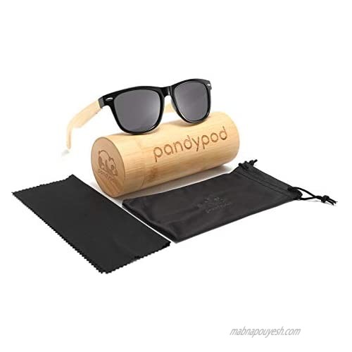 Pandypod Wood Sunglasses with Tube Case Handmade Bamboo Legs Bamboo Tube Case Microfiber Cleaning Cloth and Bag Black