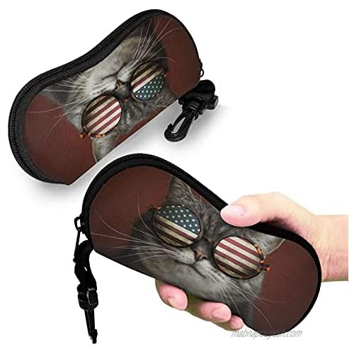 Srupiomg American flag with cat Ultra Light Portable Neoprene Zipper Sunglasses Eyeglass Soft Case with Belt Clip Glasses Case with Carabiner