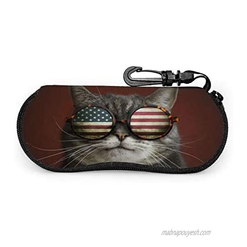 Srupiomg American flag with cat Ultra Light Portable Neoprene Zipper Sunglasses Eyeglass Soft Case with Belt Clip Glasses Case with Carabiner