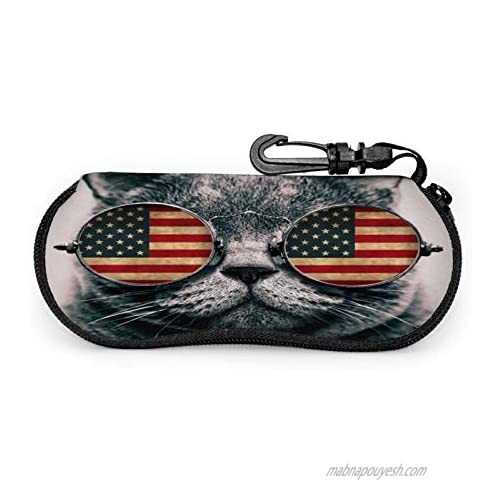 Srupiomg glasses case soft sunglass case Glasses Case with Carabiner Ultra Light Portable Travel Zipper Eyeglasses Case Box American flag with cat
