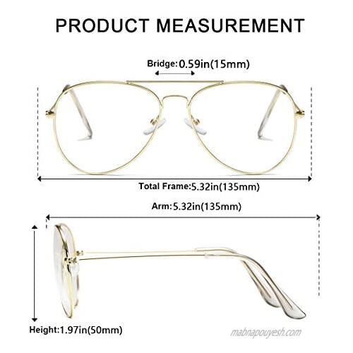 AISSWZBER Clear Aviator Glasses Lens Premium Classic Metal Frame Eyeglasses