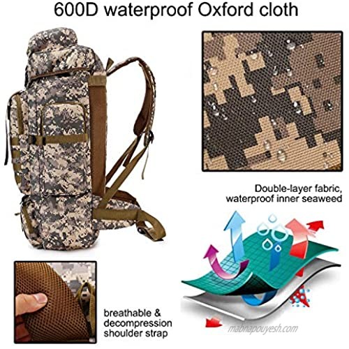 kiyanoki 80l Hiking Backpack for Men Waterproof Military Camping Rucksack Travel Daypack (Desert camouflage)