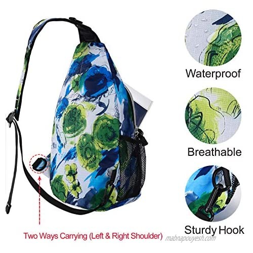 MOSISO Sling Backpack Travel Hiking Daypack Pattern Rope Crossbody Shoulder Bag Blue&Green Graffiti