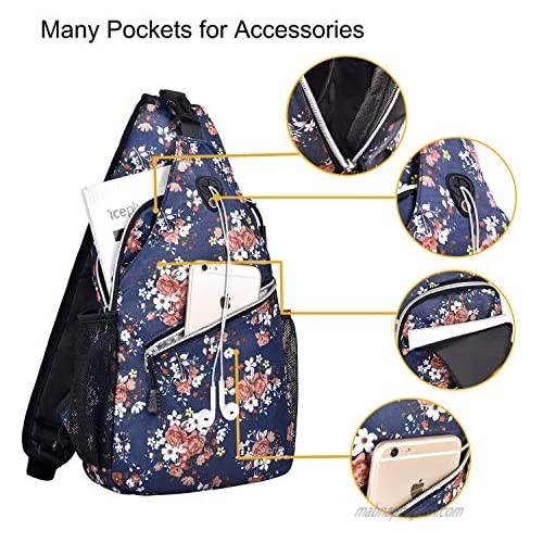 MOSISO Sling Backpack Travel Hiking Daypack Pattern Rope Crossbody Shoulder Bag Navy Blue Base Floral