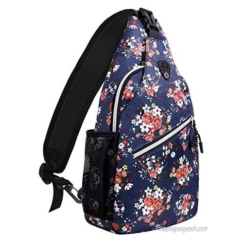 MOSISO Sling Backpack Travel Hiking Daypack Pattern Rope Crossbody Shoulder Bag  Navy Blue Base Floral