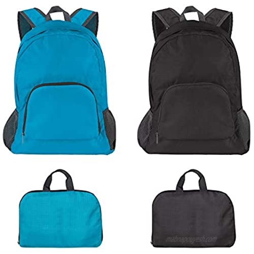 Pack of 2 Lightweight Foldable Backpack  DaKuan Water Resistant Travel Hiking Packable Backpack 20 Liters (Black & Blue) for Camping  Outdoor  Travel Cycling