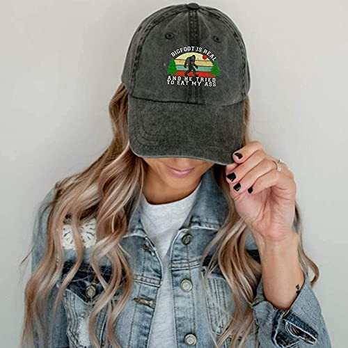 Bigfoot is Real and He Tried to Eat My Women's Camping Baseball Cap Vintage Distressed Hat Black