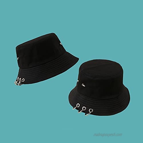 Women Iron Ring Hoop Folding Sun Hat Korea Men Band K-Pop Bucket Hat Cool Rivet Basin Caps Black