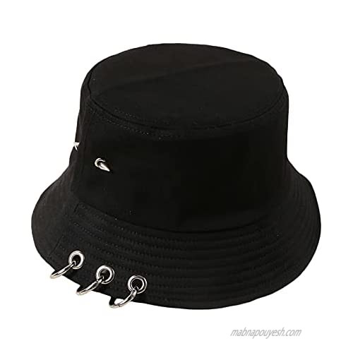 Women Iron Ring Hoop Folding Sun Hat Korea Men Band K-Pop Bucket Hat Cool Rivet Basin Caps Black