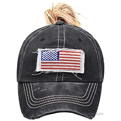 Womens Distressed Ponytail Hat American-Flag-Embroidered - Adjustable Messy High Bun Ponytail Baseball Cap