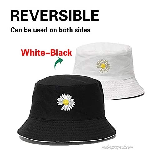 2 Pack Flower Embroidery Bucket Hat Summer Travel Beach Sun Packable Hat Reversible Outdoor Cap White Cream