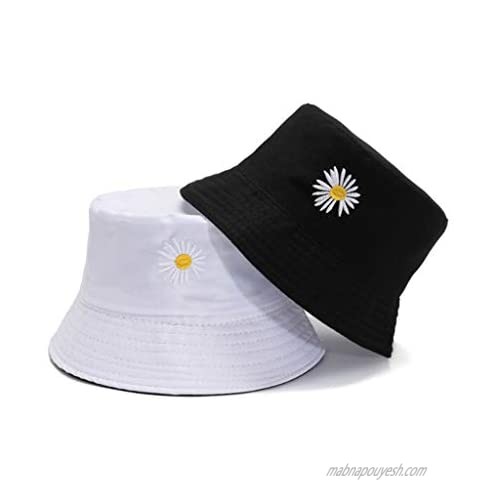 2 Pack Flower Embroidery Bucket Hat Summer Travel Beach Sun Packable Hat Reversible Outdoor Cap White Cream