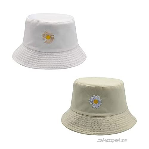 2 Pack Flower Embroidery Bucket Hat Summer Travel Beach Sun Packable Hat Reversible Outdoor Cap White  Cream