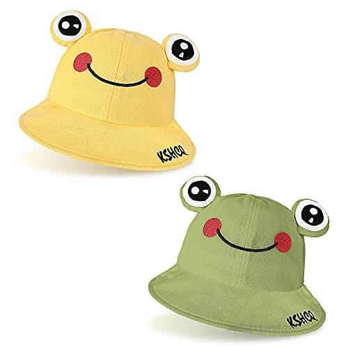 2 Pieces Cute Frog Bucket Hats Wide Brim Fisherman Sun Hat Summer Beach Hat for Adults  Women  Kids Green  Yellow