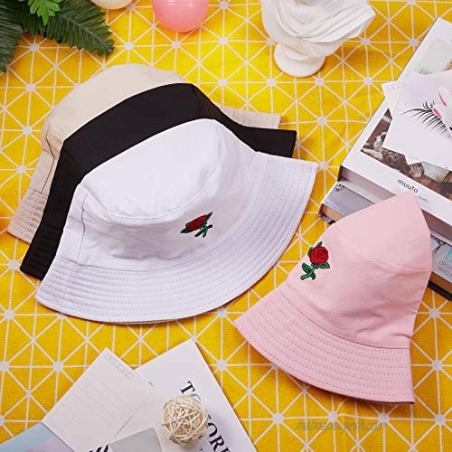 4 Pieces Summer Sun Protection Embroidered Rose Bucket Hat Unisex Fisherman Cap Reversible Sun Hat for Women Men Kids Teens