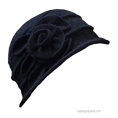Avilego Womens Wool Cloche Bucket Hat Slouch Wrinkled Winter Warm Beanie Cap with Flower