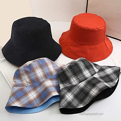 Bucket Hat Women Plaid Tartan Vintage Double-Side-Wear Reversible Fisherman Sun Visor Cap Wide-Brimmed Sports Outdoor Classic Checkered Hats Girl Boy Men（Black）