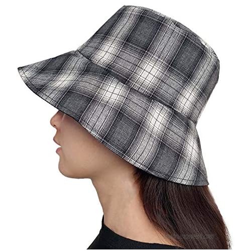 Bucket Hat Women Plaid Tartan Vintage Double-Side-Wear Reversible Fisherman Sun Visor Cap Wide-Brimmed Sports Outdoor Classic Checkered Hats Girl Boy Men（Black）