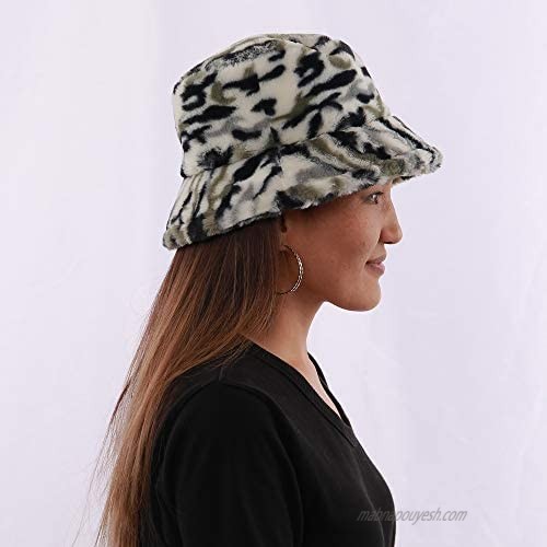Bucket Hats Furry camo Faux Fur Soft Camouflage Plush Cap for Women Wide Brim Warm Outdoor Fisherman Hat Fashion Adjustable Winter Spring（ Green/Black/White