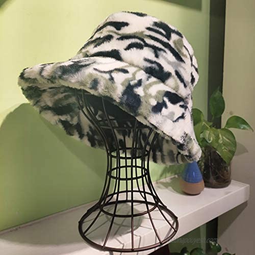 Bucket Hats Furry camo Faux Fur Soft Camouflage Plush Cap for Women Wide Brim Warm Outdoor Fisherman Hat Fashion Adjustable Winter Spring（ Green/Black/White