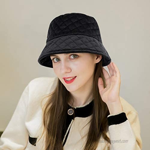 DOCILA Fashion Quilted Plaid Bucket Hat for Women Plain Warm Winter Velvet Flat Top Fisherman Cap Outdoor Sunshade Visors