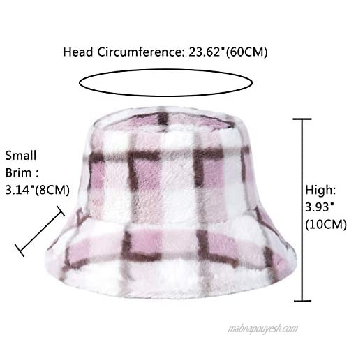 DOCILA Patchwork Plaid Fluffy Bucket Hats for Young Women Winter Warm College Style Fisherman Caps Adjustable Sun Hat
