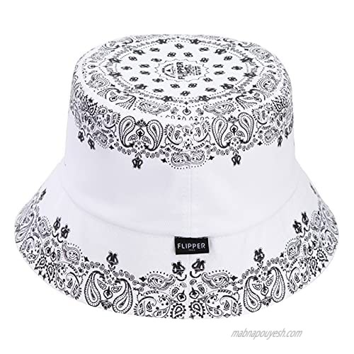 Flipper Korean Kpop Unisex Paisley Premium 100% Cotton Down Long Brim Travel Summer Fashion Beach Sun Reversible Bucket Hat