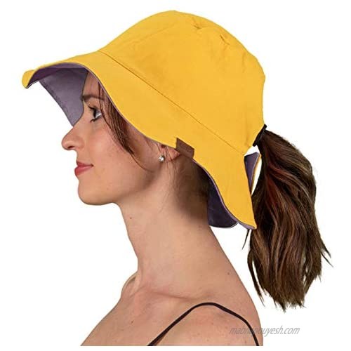 Funky Junque Reversible Ponytail Sun Hat UPF 50+ Messy Bun Canvas Bucket Hat Cap