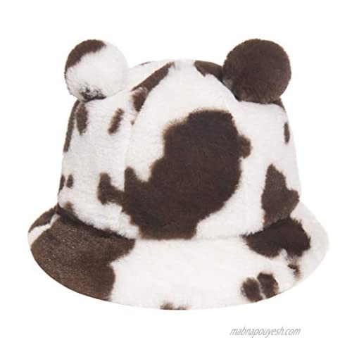 Newfancy Women Milk Cow Print Faux Fur Bucket Hat with Pom Pom Fluffy Winter Warmer Fisherman Cap