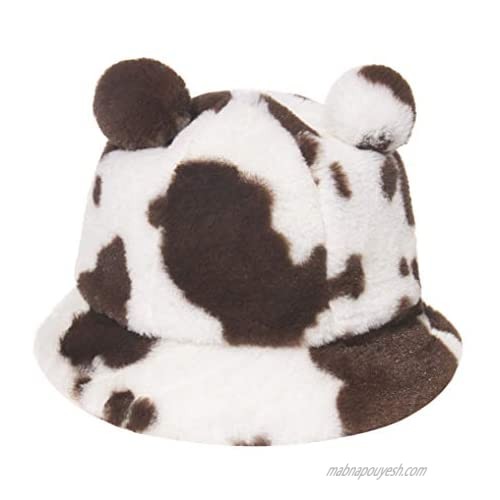 Newfancy Women Milk Cow Print Faux Fur Bucket Hat with Pom Pom Fluffy Winter Warmer Fisherman Cap