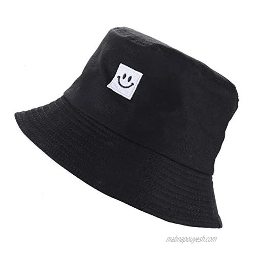 NLCAC Smile Face Sun Hats for Women Summer Casual Wide Brim Cotton Bucket Hats Vacation Beach Accessories
