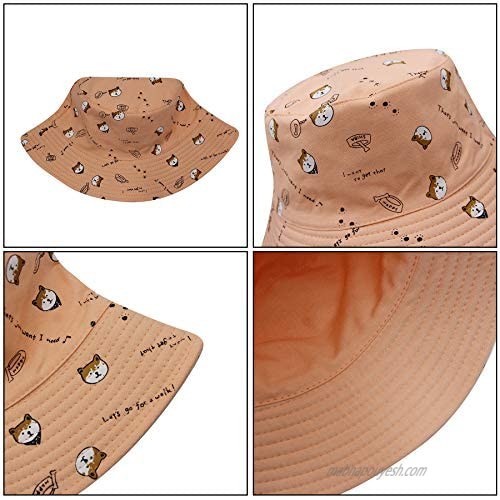 RARITYUS Unisex Bucket Hat Reversible Double-Sided Cotton Cute Dog Print Summer Beach Sun Hat Fisherman Cap