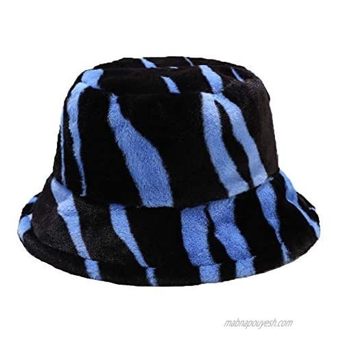 RongXin Stripes Color Matching Women Faux Fur Bucket Cap Bush Hat Wide Brim Fluffy