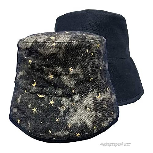 SINLOOG Cotton Bucket Hat  Star Sky Print Reversible Sun Hat  Packable Fisherman Cap