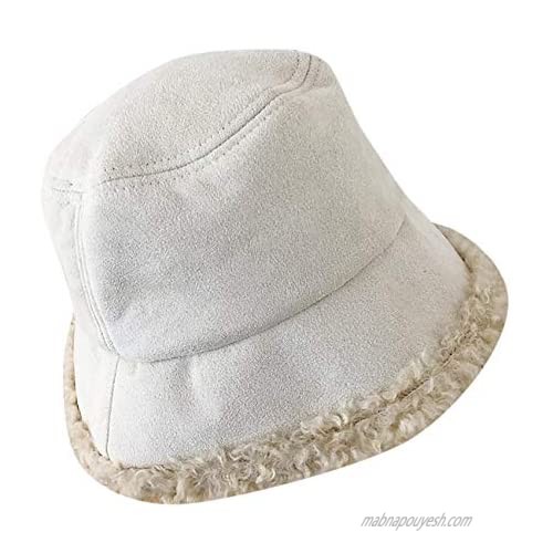 Unisex Winter Bucket Hat Felt Warm Fisherman Hat Solid Color Faux Fur Vintage Cloche Cap Foldable for Women Girls