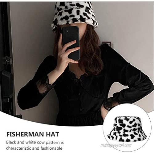 VALICLUD Bucket Hat Winter Cow Fisherman Hat Cap Faux Fur Cloche Hat for Women Black White