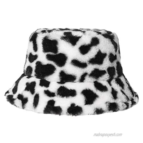 VALICLUD Bucket Hat Winter Cow Fisherman Hat Cap Faux Fur Cloche Hat for Women Black  White