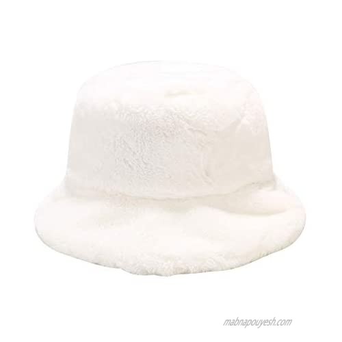 Women Girls Tie Dye Rainbow Fuzzy Faux Fur Warm Bucket Hat Winter Fisherman Cap (A-White)