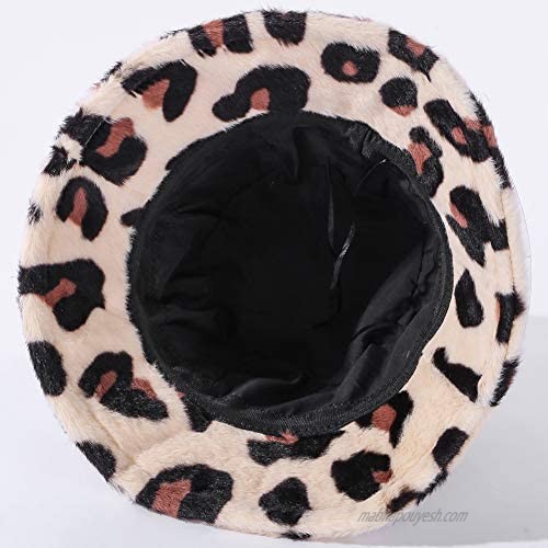 Women Stylish Leopard Winter Bucket Hat Fuzzy Faux Fur Cloche Hats Packable Brim