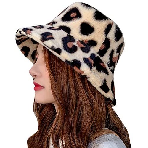 Women Stylish Leopard Winter Bucket Hat Fuzzy Faux Fur Cloche Hats Packable Brim