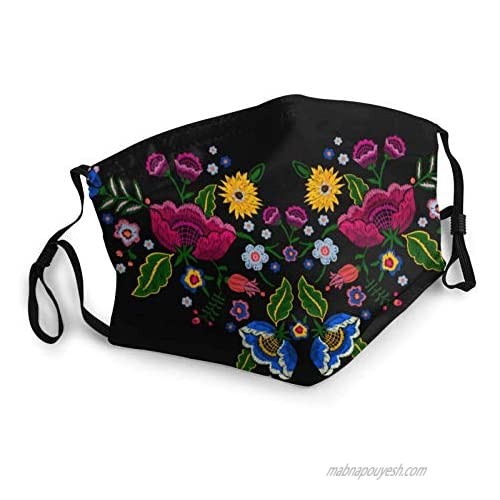 Face Mask Embroidered Native Neck Pattern and Simplified Flowers Reusable Adjustable Facial Decorations for Women and Men Washable Shield Balaclava Outdoor Sports Black