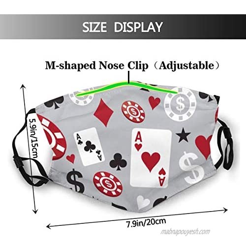 Poker Card Casino Cloth Face Mask with Filter Pocket Washable Face Bandanas Balaclava Print Reusable Fabric Protection with 2 Pcs Filters Black