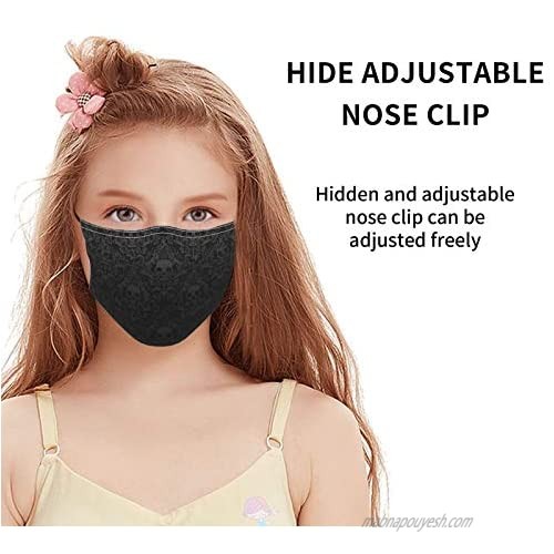 Victorian Gothic Black Skull Face Mask with 2 Pcs Filters Reusable and Washable Adjustable Elastic Earrings Soft and Breathable Kids Face Mask Balaclava for Older Children and Adults