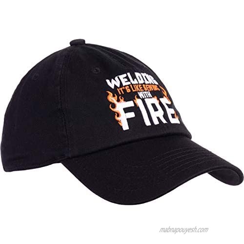 Ann Arbor T-shirt Co. Welding: It's Like Sewing with Fire | Funny Welder Repairman Men Women Baseball Dad Hat Black