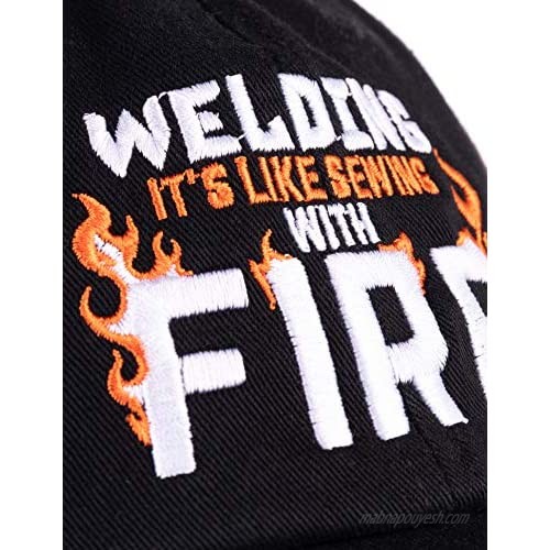 Ann Arbor T-shirt Co. Welding: It's Like Sewing with Fire | Funny Welder Repairman Men Women Baseball Dad Hat Black